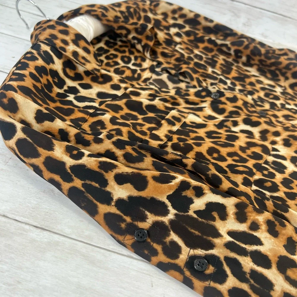 Express Portofino Shirt  Small Brown Black Leopard Button Career Casual - Picture 7 of 11